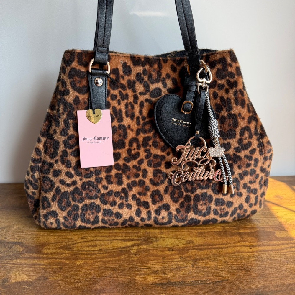 New Juicy Couture Top Players Leopard Tote Shoulder Handbag Charm Y2K Black